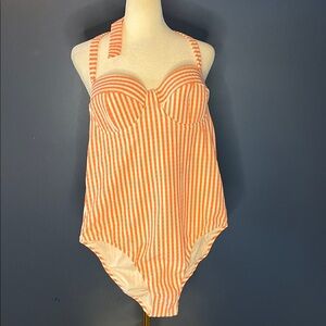 J. Crew Sofia ladies 1-pc seersucker stripe melon/white suit, NWT underwire bra